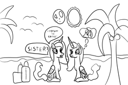 Size: 1920x1280 | Tagged: safe, artist:platinumdrop, imported from derpibooru, princess celestia, princess luna, alicorn, bird, coconut, female, food, mare, monochrome, moon, package, palm tree, sketch, speech bubble, sun, thought bubble, tree