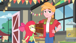 Size: 1600x900 | Tagged: safe, imported from derpibooru, screencap, apple bloom, big macintosh, equestria girls, equestria girls series, holidays unwrapped, spoiler:eqg series (season 2), banner, barn door, bucket, chest, container, dispenser, food, hand on hip, hands on hip, pie, streetlight, window