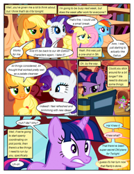 Size: 612x792 | Tagged: safe, artist:newbiespud, edit, edited screencap, imported from derpibooru, screencap, applejack, fluttershy, rainbow dash, rarity, spike, twilight sparkle, dragon, earth pony, pegasus, pony, unicorn, comic:friendship is dragons, book, bookcase, bookshelf, comic, dialogue, female, freckles, frown, golden oaks library, grin, hat, lidded eyes, male, mare, reading, screencap comic, slit eyes, slit pupils, smiling, unicorn twilight, worried