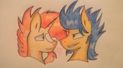 Size: 600x333 | Tagged: safe, artist:hunterthewastelander, imported from derpibooru, flash sentry, sunburst, pegasus, pony, unicorn, bust, crack shipping, flashburst, gay, grin, male, shipping, smiling, stallion, traditional art