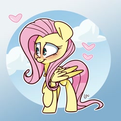 Size: 1500x1500 | Tagged: safe, artist:lou, imported from derpibooru, fluttershy, pegasus, pony, blushing, cloud, cute, female, heart, looking away, mare, outline, raised hoof, shyabetes, sky, solo, spread wings, three quarter view, white outline, wings