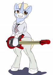 Size: 2480x3507 | Tagged: safe, artist:mcsplosion, imported from derpibooru, oc, oc:nootaz, semi-anthro, bipedal, clothes, costume, david bowie, female, guitar, musical instrument, necktie, nootvember 2019, pants, shirt, smiling, smirk, solo