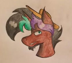 Size: 400x348 | Tagged: safe, artist:hunterthewastelander, imported from derpibooru, oc, oc only, oc:rimfire cazador, pony, unicorn, bust, hat, horn, male, solo, stallion, traditional art, unicorn oc