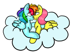 Size: 800x595 | Tagged: safe, artist:hunterthewastelander, imported from derpibooru, fluttershy, rainbow dash, pegasus, pony, cloud, female, flutterdash, hug, lesbian, mare, on a cloud, shipping, simple background, transparent background