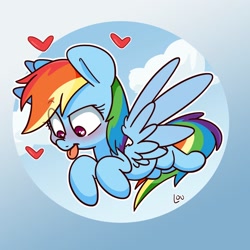 Size: 1500x1500 | Tagged: safe, artist:lou, imported from derpibooru, rainbow dash, pegasus, pony, blushing, cloud, cute, dashabetes, eye clipping through hair, female, heart, mare, solo, tongue out