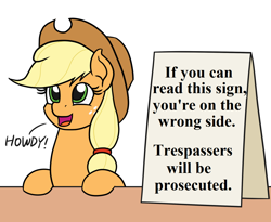 Size: 1100x900 | Tagged: safe, artist:mkogwheel edits, edit, imported from derpibooru, applejack, applejack's hat, applejack's sign, cowboy hat, hair tie, hat, howdy, implied crime, meme, sign, text, trespassing