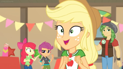 Size: 1600x900 | Tagged: safe, imported from derpibooru, screencap, apple bloom, applejack, sandalwood, scootaloo, equestria girls, equestria girls series, holidays unwrapped, spoiler:eqg series (season 2), banner, cardboard cutout, cute, geode of super strength, jackabetes, magical geodes, poking, stars, table, window