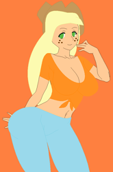 Size: 548x832 | Tagged: safe, artist:sturk-fontaine, imported from derpibooru, oc, oc only, oc:jacquelyn, human, big breasts, breasts, cleavage, cowgirl, female, freckles, humanized, large butt, mlp wannabes, not applejack, orange background, simple background, solo, thighs, thunder thighs