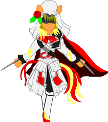 Size: 1744x1969 | Tagged: safe, alternate version, artist:avchonline, imported from derpibooru, oc, oc only, oc:sean, anthro, pegasus, pony, semi-anthro, unguligrade anthro, assassin's creed, background removed, bowtie, cape, clothes, cosplay, costume, flower, flower in hair, knife, male, simple background, solo, transparent background