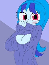 Size: 1932x2576 | Tagged: safe, artist:c_w, imported from derpibooru, sonata dusk, equestria girls, big breasts, blushing, boob window, breasts, busty sonata dusk, cleavage, clothes, cute, eyelashes, female, hand over face, keyhole turtleneck, looking at you, ponytail, solo, sonatabetes, sweater, turtleneck