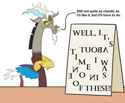 Size: 1100x900 | Tagged: safe, artist:hendro107, artist:mkogwheel edits, edit, imported from derpibooru, discord, applejack's sign, chaos, crossed arms, disappointed, jumble, meme, mirrored text, text