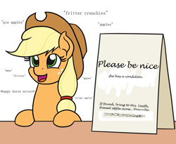 Size: 1100x900 | Tagged: safe, artist:mkogwheel edits, deleted from derpibooru, edit, imported from derpibooru, applejack, pony, applejack's hat, applejack's sign, cowboy hat, descriptive noise, hat, horse noises, implied granny smith, meme, sign, silly, silly pony, who's a silly pony