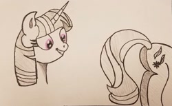 Size: 1140x701 | Tagged: safe, artist:polar_storm, imported from derpibooru, starlight glimmer, twilight sparkle, alicorn, pony, unicorn, butt, eyes on the prize, female, lesbian, looking at butt, mare, plot, shipping, simple background, traditional art, twilight sparkle (alicorn), twistarlight, white background