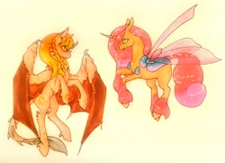 Size: 1024x741 | Tagged: safe, artist:oneiria-fylakas, imported from derpibooru, oc, oc only, oc:neijia, oc:tina, ambryn, original species, female, traditional art