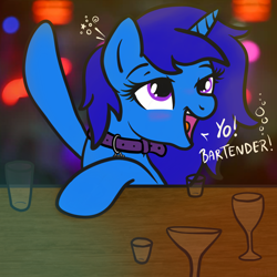 Size: 2100x2100 | Tagged: safe, artist:lannielona, imported from derpibooru, oc, oc only, oc:delly, pony, unicorn, bar, blushing, collar, drunk, female, glass, happy, mare, solo, speech, waving, ych result