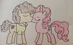 Size: 3041x1899 | Tagged: safe, artist:dragonpriness, imported from derpibooru, cheese sandwich, pinkie pie, pony, cheesepie, female, kissing, male, shipping, straight, traditional art