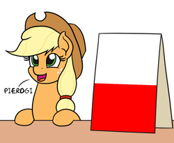 Size: 1100x900 | Tagged: safe, artist:mkogwheel edits, edit, imported from derpibooru, applejack, pony, applejack's hat, applejack's sign, cowboy hat, hat, pierogi, poland, polish, simple background, table, white background