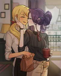Size: 1300x1600 | Tagged: safe, artist:tcn1205, imported from derpibooru, applejack, rarity, equestria girls, clothes, digital art, eiffel tower, eyes closed, female, kissing, lesbian, paris, rarijack, shipping, smiling