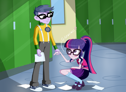 Size: 3060x2224 | Tagged: safe, artist:vinilyart, imported from derpibooru, microchips, sci-twi, twilight sparkle, equestria girls, blushing, duo, female, holding hands, lidded eyes, looking up, male, microlight, sci-twi outfits, shipping, spanish description, straight