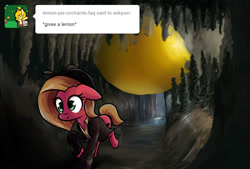 Size: 1180x800 | Tagged: safe, artist:shovrike, imported from derpibooru, oc, oc only, oc:pun, earth pony, pony, ask pun, ask, clothes, female, food, hat, lemon, mare, raiders of the lost ark, running, solo