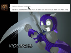 Size: 1067x800 | Tagged: safe, artist:crispokefan, imported from derpibooru, oc, oc only, oc:pun, earth pony, pony, ask pun, agent 707, armor, ask, female, mare, night guard armor, scythe, solo
