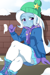 Size: 1200x1800 | Tagged: safe, artist:umejiru, imported from derpibooru, trixie, equestria girls, equestria girls series, holidays unwrapped, spoiler:eqg series (season 2), adorasexy, anime, blushing, boots, clothes, crossed legs, cute, diatrixes, female, gloves, hat, jacket, legs, looking at you, miniskirt, moe, pantyhose, sexy, shoes, skirt, socks, solo, thighs