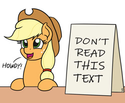 Size: 1100x900 | Tagged: safe, artist:mkogwheel edits, edit, imported from derpibooru, applejack, earth pony, pony, applejack's sign, cowboy hat, female, hair tie, hat, howdy, meme, open mouth, sign, solo, table, text