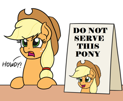 Size: 1100x900 | Tagged: safe, artist:mkogwheel edits, edit, imported from derpibooru, applejack, pony, angry, applejack's hat, applejack's sign, banned, cowboy hat, hat, howdy, inverted mouth, meme, open mouth, sign