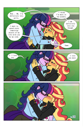 Size: 2650x4096 | Tagged: safe, artist:verumteednp, deleted from derpibooru, imported from derpibooru, sci-twi, sunset shimmer, twilight sparkle, comic:sparkling shimmer, equestria girls, blushing, chapter 3, clothes, comic, dialogue, digital art, female, jacket, kissing, leather jacket, lesbian, looking at each other, scitwishimmer, shipping, speech bubble, sunsetsparkle