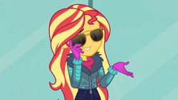 Size: 1600x900 | Tagged: safe, imported from derpibooru, screencap, sunset shimmer, equestria girls, equestria girls series, holidays unwrapped, spoiler:eqg series (season 2), clothes, cool, female, gloves, jacket, solo, sunglasses, winter break-in, winter outfit