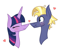 Size: 1100x903 | Tagged: safe, artist:darbypop1, imported from derpibooru, star tracker, twilight sparkle, pony, blushing, boop, bust, cute, eyes closed, female, heart, male, noseboop, portrait, profile, shipping, simple background, straight, transparent background, twitracker