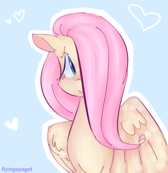 Size: 1280x1320 | Tagged: safe, artist:flyingspaget, imported from derpibooru, fluttershy, pegasus, pony, blue background, bust, cute, female, hair over one eye, heart, looking at you, mare, outline, shyabetes, simple background, smiling, solo, wings