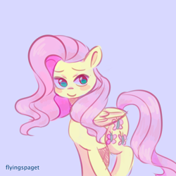 Size: 1280x1280 | Tagged: safe, artist:flyingspaget, imported from derpibooru, fluttershy, pegasus, pony, blue background, blush sticker, blushing, cute, female, folded wings, looking at you, mare, shyabetes, simple background, smiling, solo, standing, three quarter view, wings