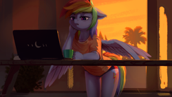 Size: 1920x1080 | Tagged: safe, artist:quvr, imported from derpibooru, rainbow dash, anthro, pegasus, cheek fluff, clothes, computer, cup, cute, dashabetes, ear fluff, female, laptop computer, mare, mug, notebook, palm tree, shirt, solo, spread wings, t-shirt, tired, tree, underwear, wings