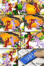 Size: 626x930 | Tagged: safe, edit, editor:melisareb, imported from derpibooru, garble, lilac links, prominence, dragon, earth pony, pony, sweet and smoky, the hearth's warming club, background pony, bouquet, button, dragoness, female, flower, gameloft, garbinence, keyboard, lava, meme, shipping, shipping fuel, snow, upgrade meme