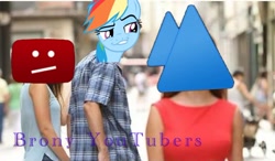 Size: 680x397 | Tagged: safe, edit, imported from derpibooru, rainbow dash, pony, coppa, distracted boyfriend meme, end of youtube, harsher in hindsight, meme, vector, vlare, youtube, youtube kids shit