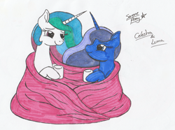 Size: 1945x1445 | Tagged: safe, artist:serenepony, imported from derpibooru, princess celestia, princess luna, alicorn, pony, blanket, female, looking at each other, mare, mug, simple background, traditional art