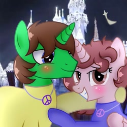 Size: 894x894 | Tagged: safe, artist:doraeartdreams-aspy, imported from derpibooru, oc, oc:aspen, oc:ryan, alicorn, pony, alicorn oc, bodysuit, castle, catsuit, couple, disneyland, female, hippie, horn, jewelry, latex, latex suit, magical, male, male and female, necklace, peace suit, peace symbol, rubber suit, ryspen, straight