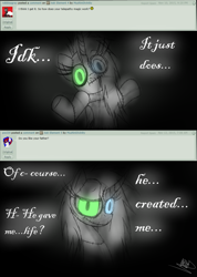 Size: 985x1385 | Tagged: safe, artist:didun850, imported from derpibooru, oc, oc only, oc:element, alicorn, pony, alicorn oc, ask, bust, glowing eyes, heterochromia, horn, shrug, smiling, smug, stitches, tumblr