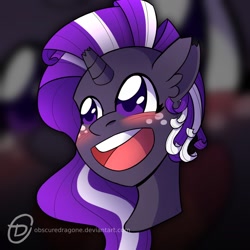 Size: 1024x1024 | Tagged: safe, artist:obscuredragone, imported from derpibooru, oc, oc only, oc:astral, pony, unicorn, big eyes, blushing, broken horn, commission, cute, freckles, happy, horn, open mouth, purple mane, smiley face, smiling, solo, torn ear, ych result