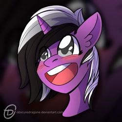 Size: 1024x1024 | Tagged: safe, artist:obscuredragone, imported from derpibooru, oc, oc only, oc:silver smoke, pony, unicorn, big eyes, black and white mane, blushing, commission, freckles, gray eyes, happy, horn, long hair, open mouth, smiley face, smiling, solo, ych result