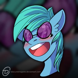 Size: 1024x1024 | Tagged: safe, artist:obscuredragone, imported from derpibooru, oc, oc only, pony, big eyes, blushing, commission, freckles, glasses, happy, not lyra, open mouth, smiley face, smiling, solo, sunglasses, ych result