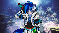 Size: 1200x675 | Tagged: safe, artist:dialliyon, artist:mimy92sonadow, imported from derpibooru, oc, oc:dial liyon, anthro, monster hunter, monster hunter world, sword, weapon