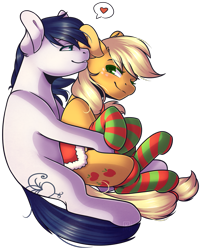 Size: 801x998 | Tagged: safe, artist:ak4neh, imported from derpibooru, applejack, oc, oc:constance everheart, earth pony, pony, canon x oc, clothes, couple, everjack, female, holiday, male, mare, saddle, shipping, simple background, socks, stallion, straight, striped socks, tack, transparent background