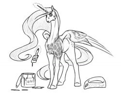 Size: 1300x1037 | Tagged: safe, artist:akweer, imported from derpibooru, princess celestia, alicorn, giraffe, pony, female, long neck, monochrome, paint can, paint on fur, paintbrush, peytral, sketch, solo, traditional art