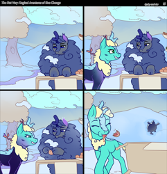 Size: 878x911 | Tagged: safe, artist:sky-railroad, artist:viwrastupr, imported from derpibooru, oc, oc only, oc:kno change, unnamed oc, kirin, nirik, pony, comic:the not very magical adventures of kno change, cartoon physics, eating, fluffy, grapefruit, impact silhouette, snow, winter fluff