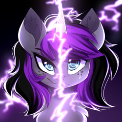 Size: 3333x3333 | Tagged: safe, artist:airiniblock, imported from derpibooru, oc, oc only, oc:purple flame, pony, unicorn, commission, female, freckles, high res, lightning, looking at you, mare, solo, split screen