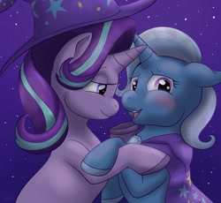 Size: 931x858 | Tagged: safe, artist:housho, imported from derpibooru, starlight glimmer, trixie, pony, unicorn, blushing, female, lesbian, mare, night, shipping, startrix