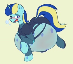 Size: 1318x1153 | Tagged: safe, artist:askbumpywish, artist:bumpywish, imported from derpibooru, oc, oc:jester bells, pony, unicorn, belly, belly pox, blushing, female, hyper, inflation, large belly, one hoof raised, raised hoof, simple background, yellow background