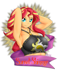 Size: 1350x1650 | Tagged: safe, artist:ukyodragoon, imported from derpibooru, sunset shimmer, equestria girls, equestria girls series, abstract background, arm behind head, armpits, bedroom eyes, big breasts, bikini, bikini top, breasts, bust, busty sunset shimmer, clothes, female, looking at you, solo, summer sunset, swimsuit